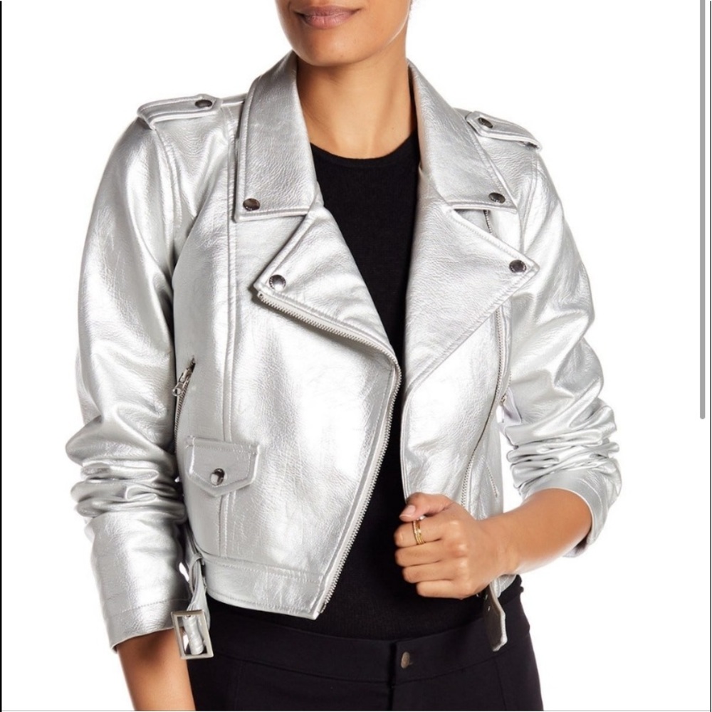 Sebby Collection Sold Out Rare Sz M Vegan Leather Moto Jacket Silver